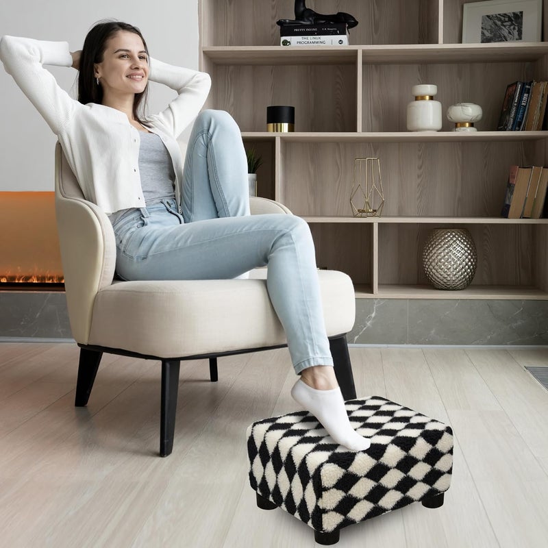 CAROLMADE  pouf صغير مع أرجل تحت المكتب لراحة القدمين لغرفة المعيشة وغرفة النوم والمكتب، أسود+أبيض ناعم - Image 4